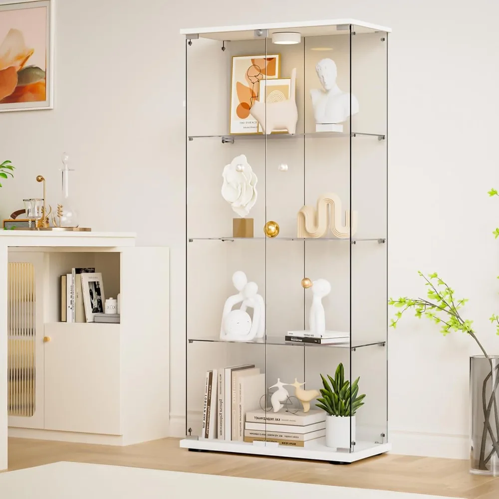 

Glass Display Cabinet 4-Shelf 2 Doors with LED Push Light Lockable Glass Display Case with 4mm Tempered Glass Floor-Standing