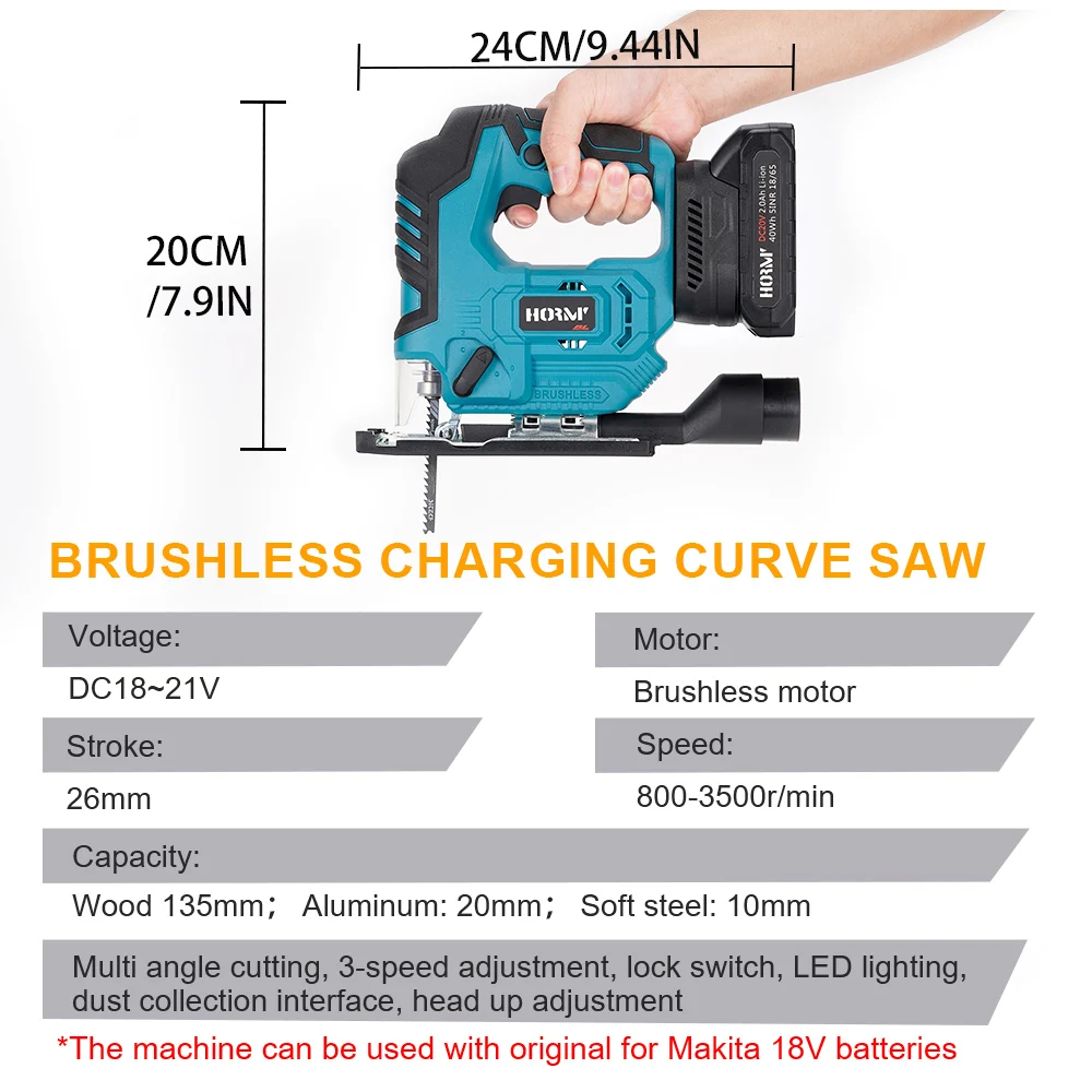 Hormy Brushless Lithium Ion Curve Saw 3-speed Control Household Handheld Electric Saw Multi angle Wooden Board Cutting Machine