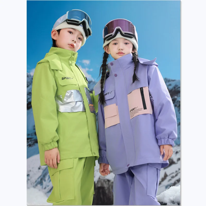 Abbigliamento da sci per bambini Vestito da assalto caldo a tre prove per ragazza da ragazzo Studenti Stormsuit Giacca da neve da viaggio all'aperto Pantaloni sportivi