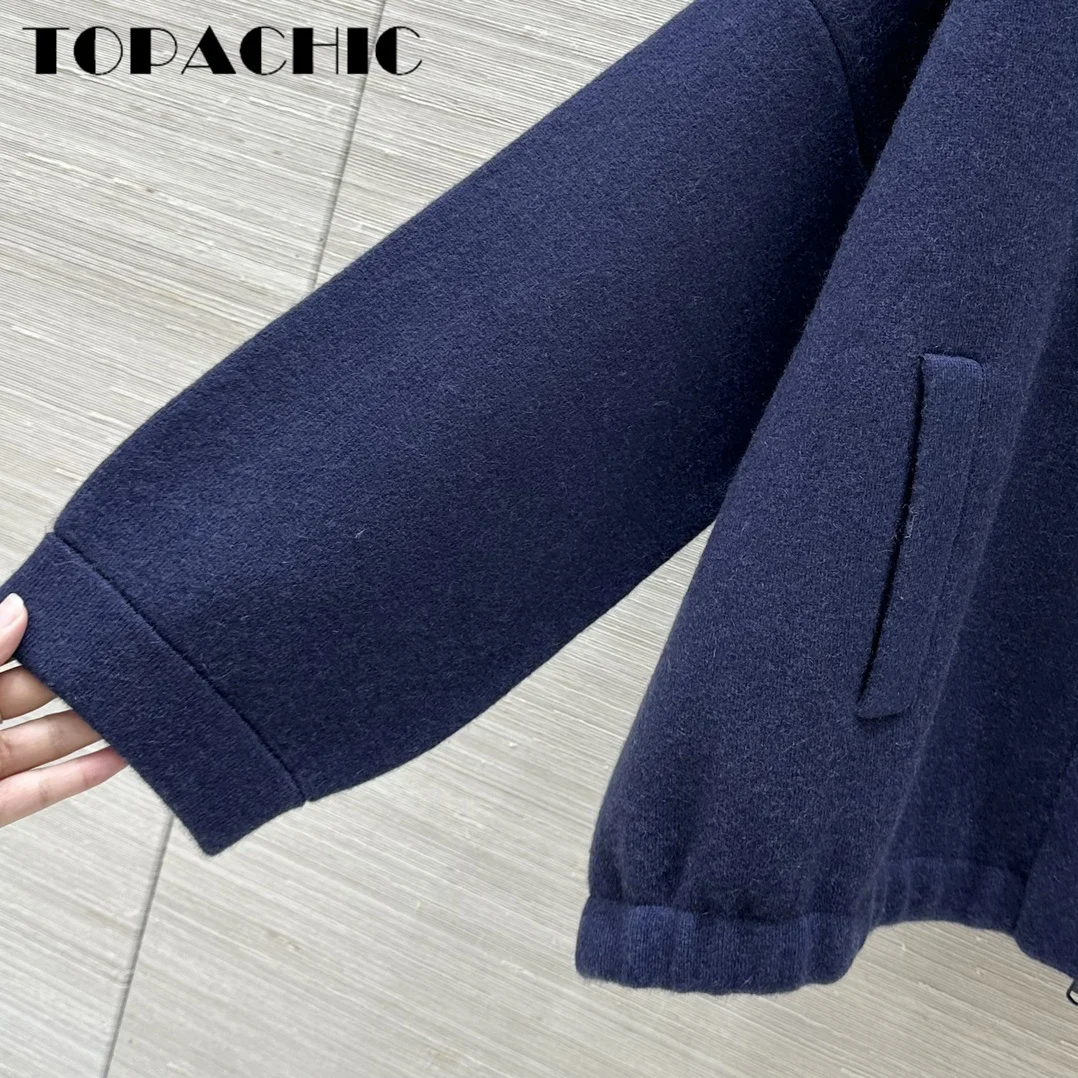 9.1 TOPACHIC-Women Casual Stand Collar Drawstring Double Pocket Elastic Hem Design Cashmere Wool Knit Zipper Cardigan With Vest