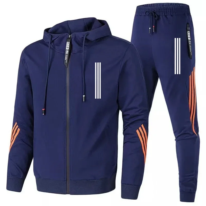 2024 Spring and Autumn Men\'s Hoodie+pants 2-piece set, three-layer diagonal sports jacket, zippered track and field men\'s fitnes