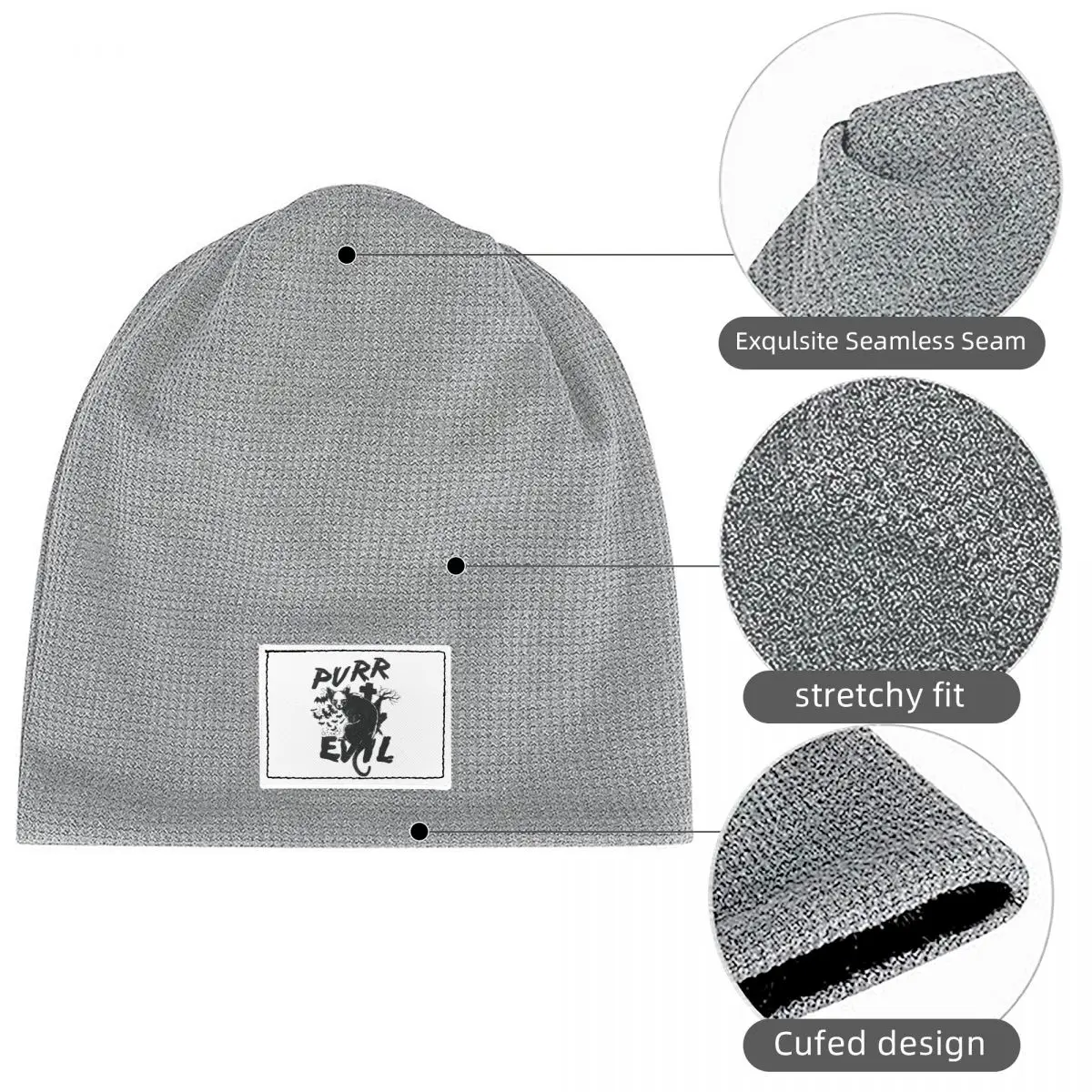 Purr Evil Waffle Knit Fleece Lined Beanie with PU Leather Patch Unisex Warm Winter Soft Cap