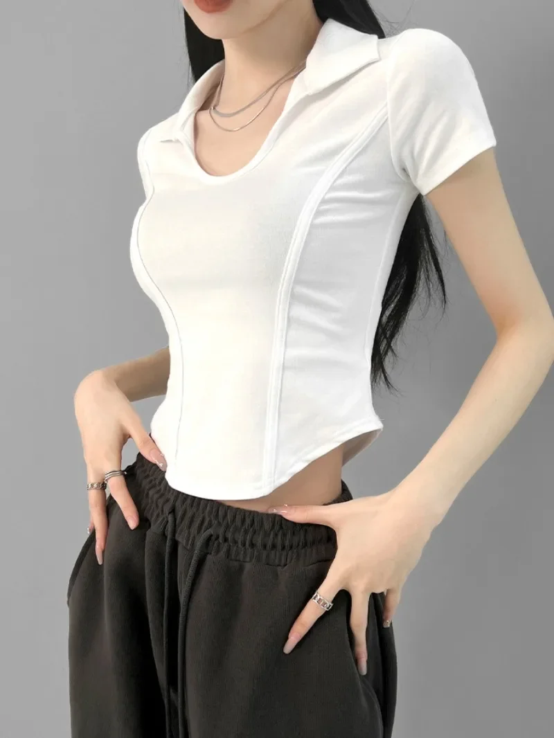 Polo Neck Shirt for Women 100℅ Cotton Sexy Crop Top Woman T Coquette Clothes Plain New Basic Offer Comfortable Clothing Sales