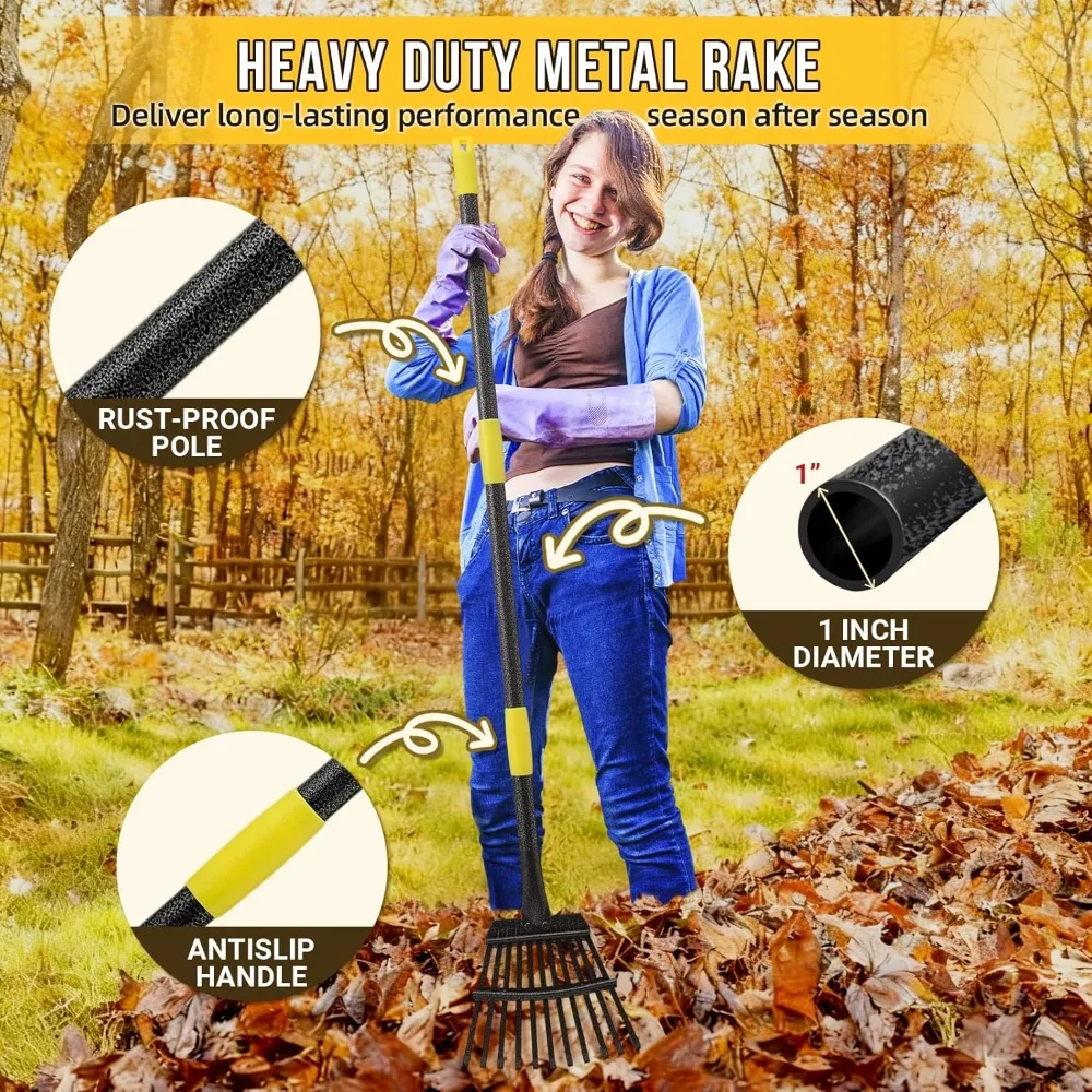 Adjustable Leaf Rake 30"-60" Long Handle, 11 Tines 8.5" Wide, Heavy Duty Metal for Lawn, Garden, Yard, Camping, Shrub, Grass, Weed, Debris view 4