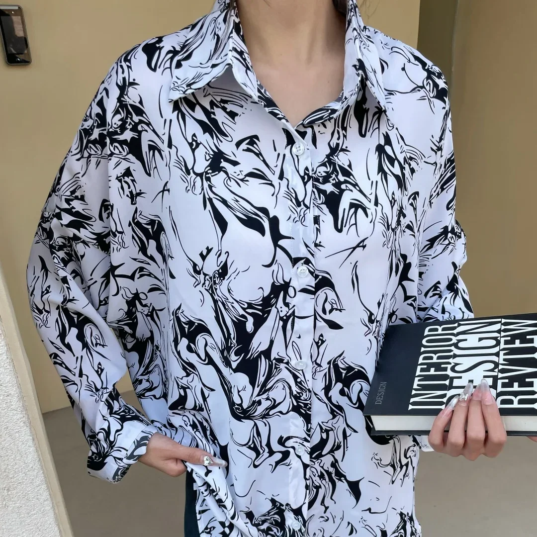 Chemise rétro à manches longues pour femmes, haut décontracté, impression en temps réel, impression d'encre, coréen, printemps, nouveau, grande taille, A465