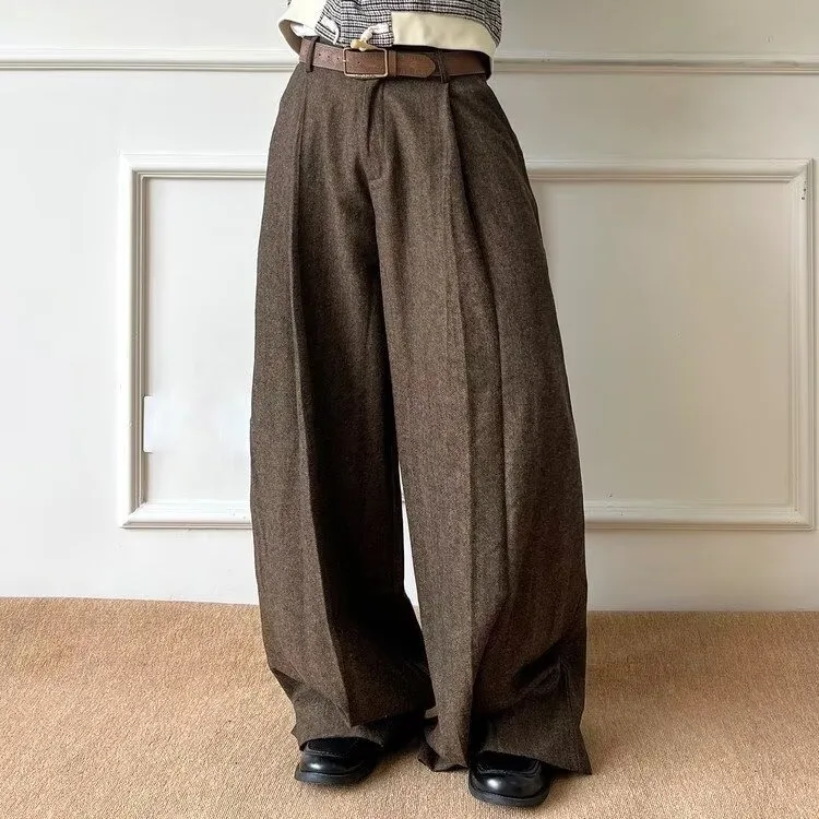 

Casual High-Waist Pleated Woolen Trousers Thi Wide Leg Pants Anti-Wrinkle Drapey Suit Sle for Men And Women Couple Friendly