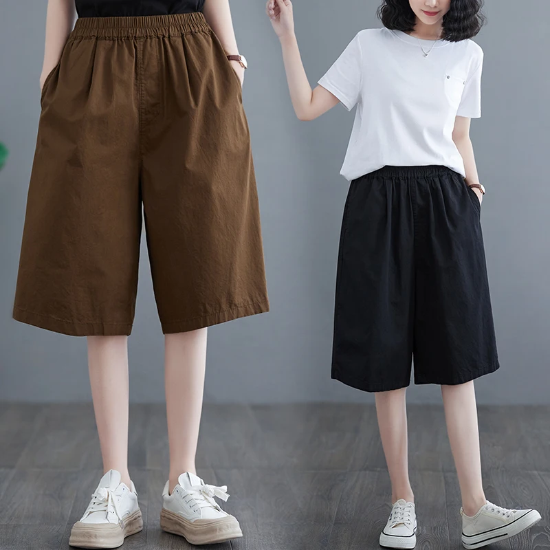 Pantalon ample en coton et lin pour femmes, jambes larges, mode d'été, grande taille, artistique, taille élastique, décontracté, polyvalent, amincissant, cinq points