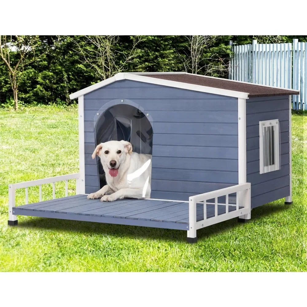 Large Dog House with Terrace & Openable Asphalt Roof Outdoor with Elevated Floor Window Outdoor Dog House for Large Dogs