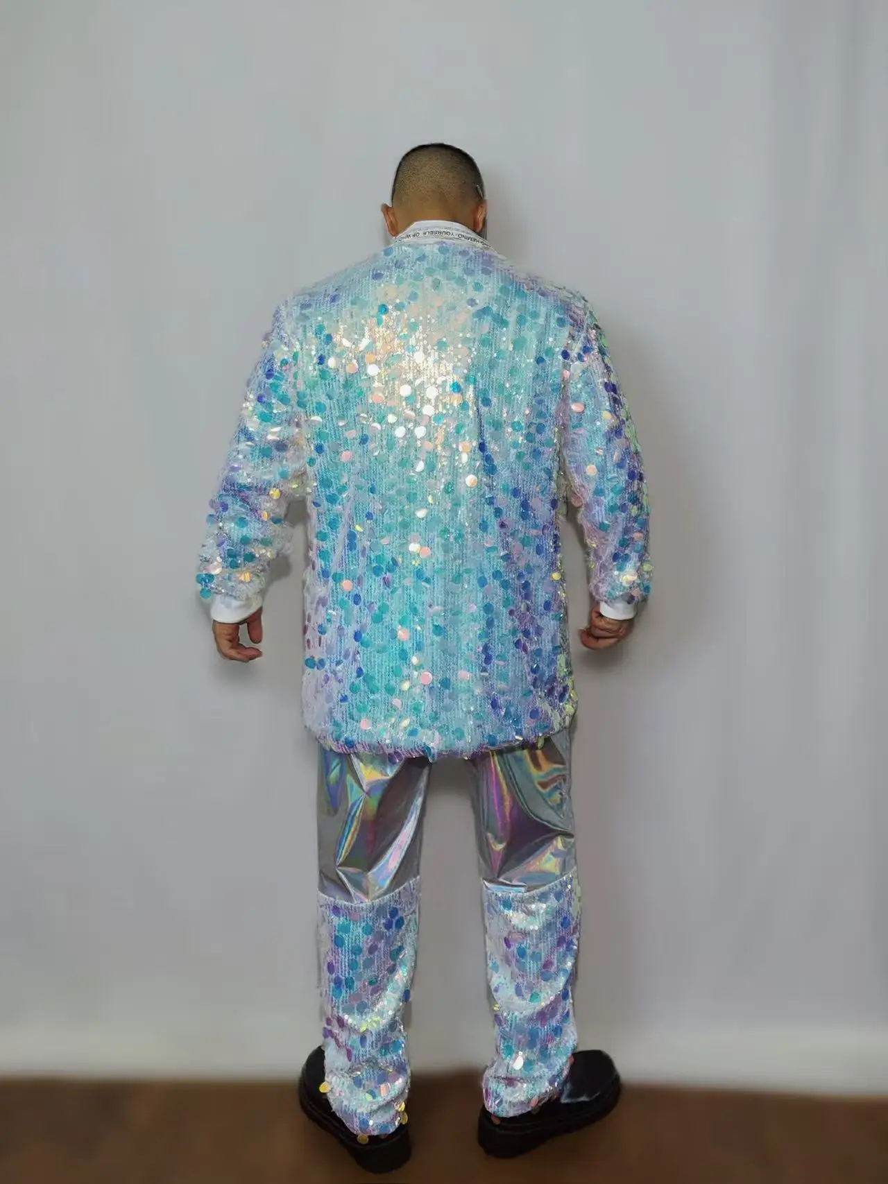 Men's Flashing Sequins Performance Outfit Jazz Dance Costume Coat Pants 2 Piece Set for Bar Nightclub Singer Concert Stage Wear