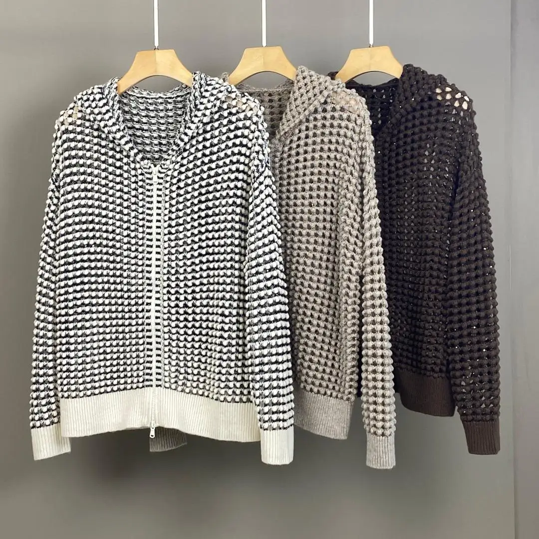 

Autumn luxurious women's zippered hooded solid color wool cardigan