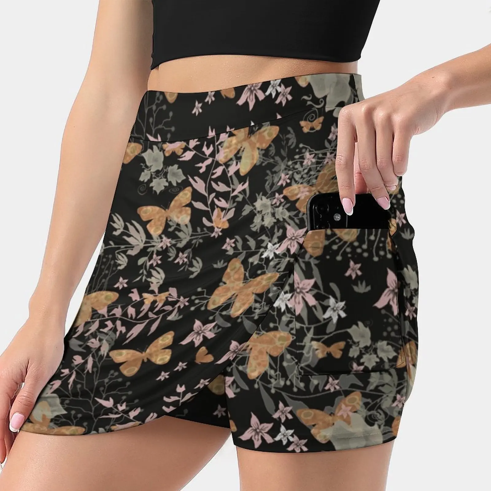 Night Grunge Floral Leaves Flowers Black Background Women Sports Lining Skirt Tennis Dance Fitness Short Printed Skirts Grunge