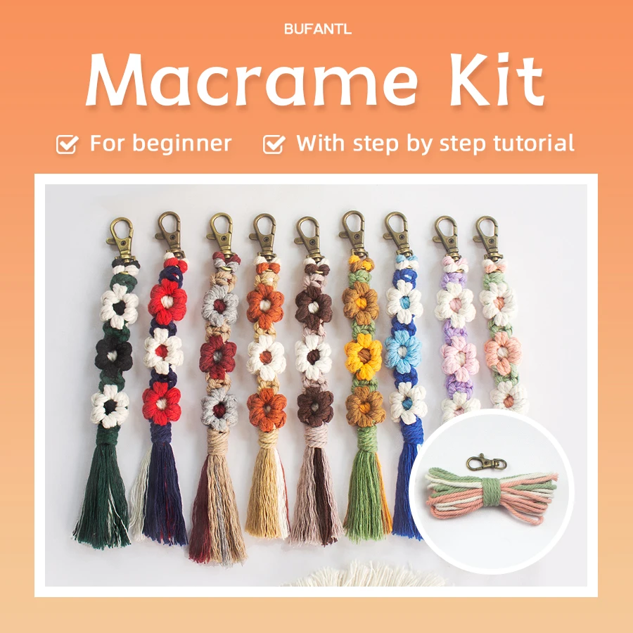 Handmade Woven Little Daisy Keychain Macrame Kit With Tutorial For Beginners Hand DIY Daisy Tassel Key Chain Lanyard Pendant