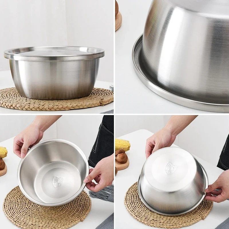 3PCS Set 304 Stainless Steel Bowl with Lid Strainer Kitchen Thicken Cooking Salad Mixing Bowls Set Washing Drain Soup Basin Bowl