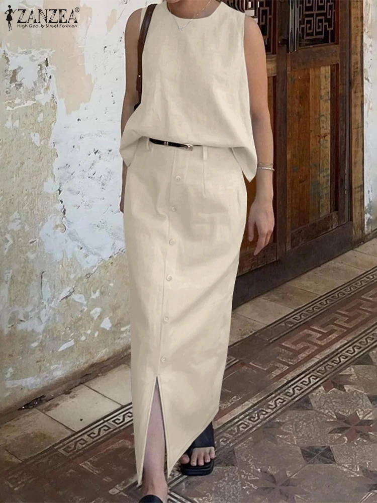 

Elegant Women Dress Sets 2PCS Outfits ZANZEA Summer Sleeveless Tank Tops Skirt Suit Fashion Two Pices Sets Solid Matching Set