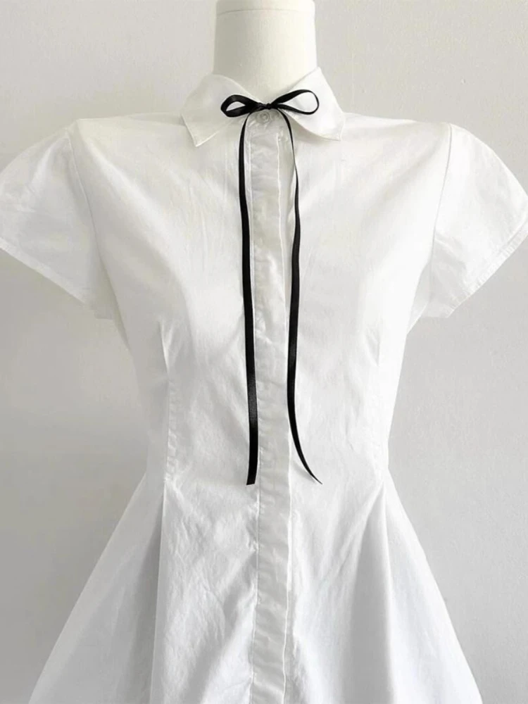 

White Lapel Tied Shirt Women 2025 Summer Elegant Short Sleeve Bow Bandage Waist Slim Fit Crop Top Sweet Office Blouse