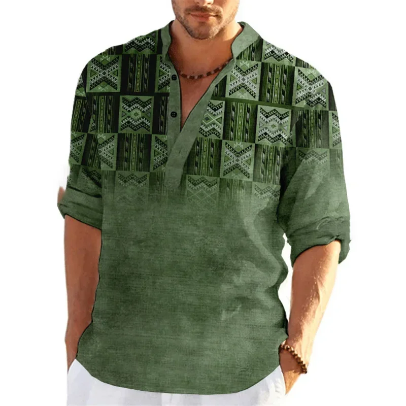 

Новая мужская весенне-осенняя рубашка-поло на пуговицах с 3D цифровым принтом и воротником-стойкой, модный повседневный льняной топ