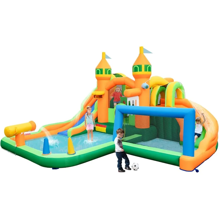 Scivolo d'acqua gonfiabile, casa di rimbalzo con scivolo d'acqua 9 in 1 con doppie scivoli e piscine, muro da arrampicata, cancello di calcio e gioco di lancio di anelli, gonfiabile