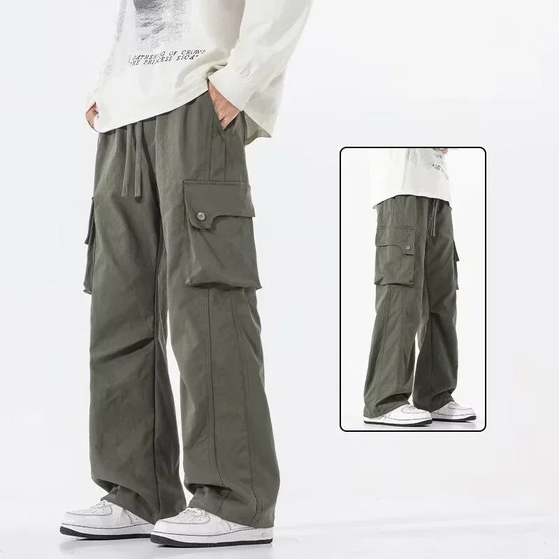 Streetwear Veelzijdige Wijde Pijpen Broek Mannen Rechte Pijpen Cargo Broek Mannelijke Koreaanse Multi Pocket Elastische Taille Casual Retro Broek