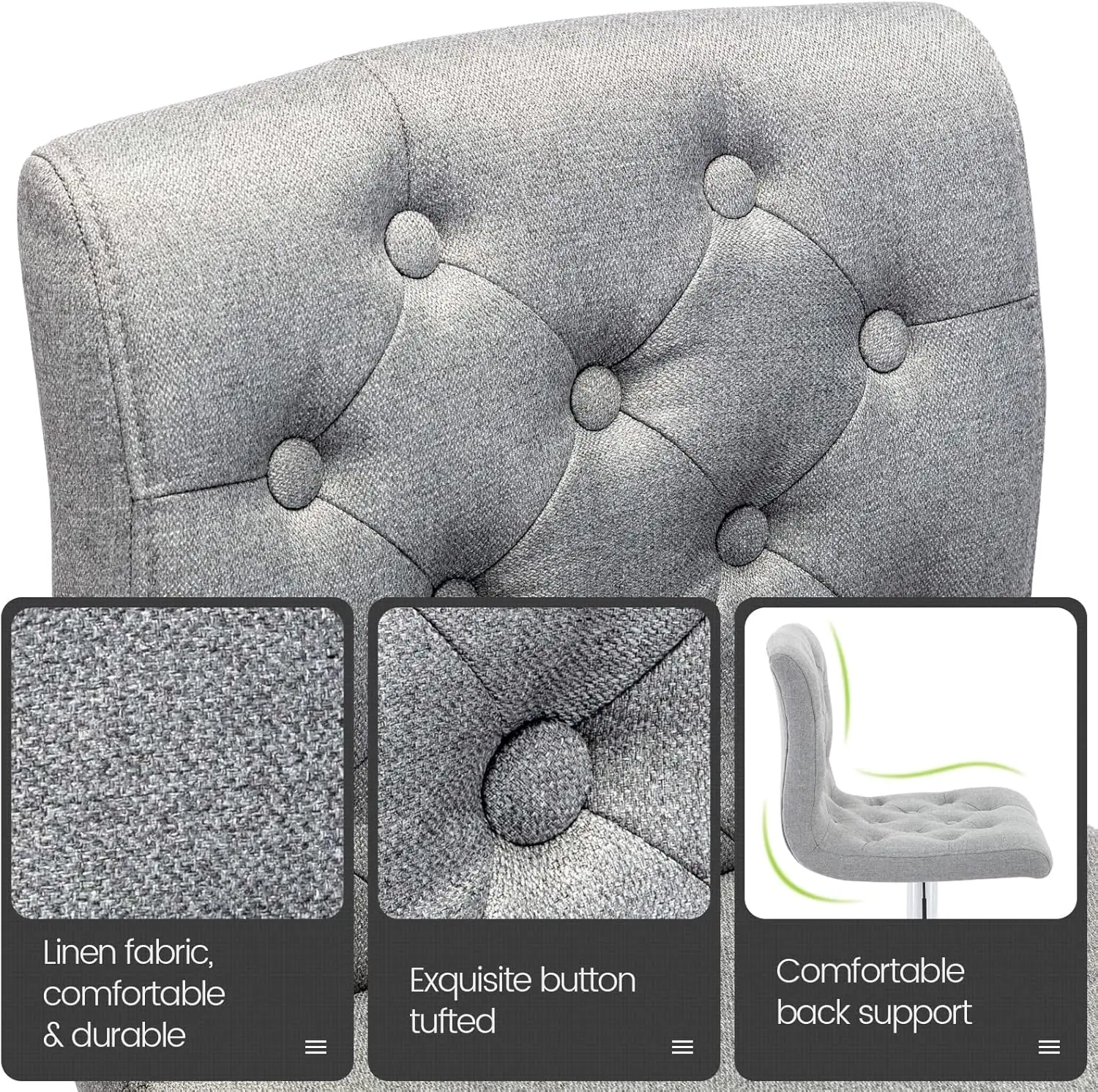 Tufted Fabric Bar Stools Set of 2, Adjustable Swivel Counter Height with Back, Upholstered Armrests (Light Grey)