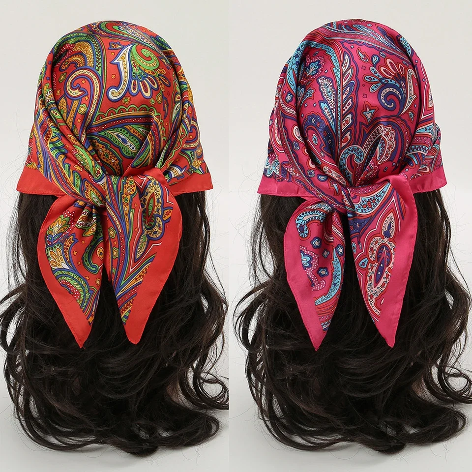 럭셔리 페이즐리 스퀘어 스카프 여성용 2025 프린트 새틴 넥커치프 봄 헤어밴드 풀라드 반다나 에샤르프 타이 숄 랩