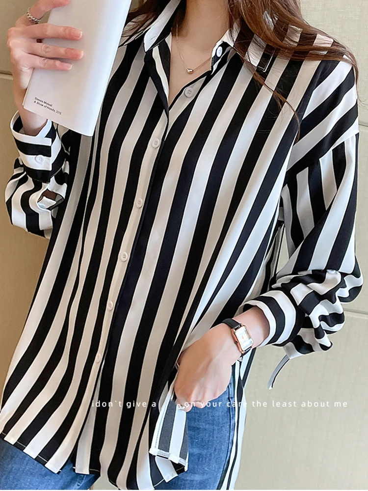 Fashion Black White Striped Print Women\'s Blouses Casual Long Sleeve Office Lady Blouse Shirts Female Loose Blusas Tops 2024