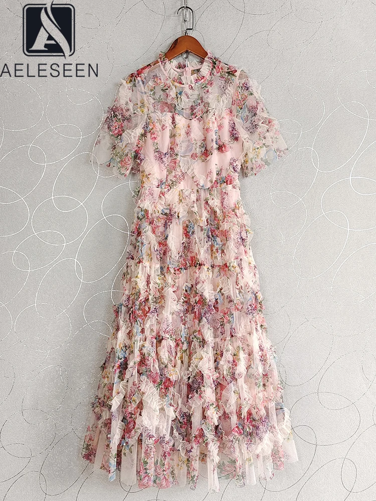 

AELESEEN Designer Fashion Summer Dress Women Short Sleeve Ruffles Mesh Flower Print See-through Elegant Long Party Prom