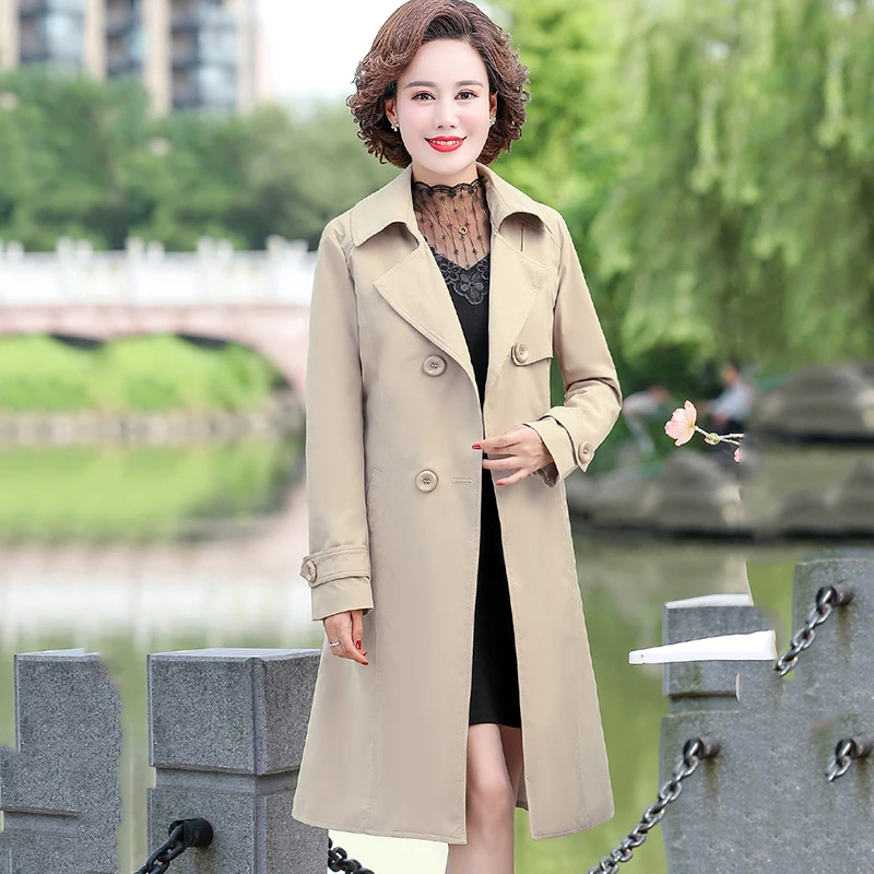 

Mom Casual Jacket Fashion Loose Belt Double Breasted Long Windbreakers Women Overcoat Spring Autumn Trench Coat Female Outerwear