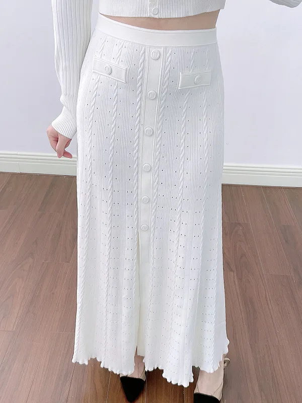 

Вязаная длинная юбка с высокой талией и разрезом, дизайн Ele Tead, на одной пуговице, осенняя новинка, женская, премиум-класса, модная