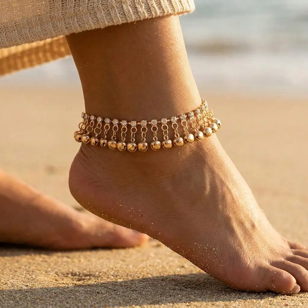 Bell tassel anklet exotic wind beach anklet bell rhinestone foot ornament female