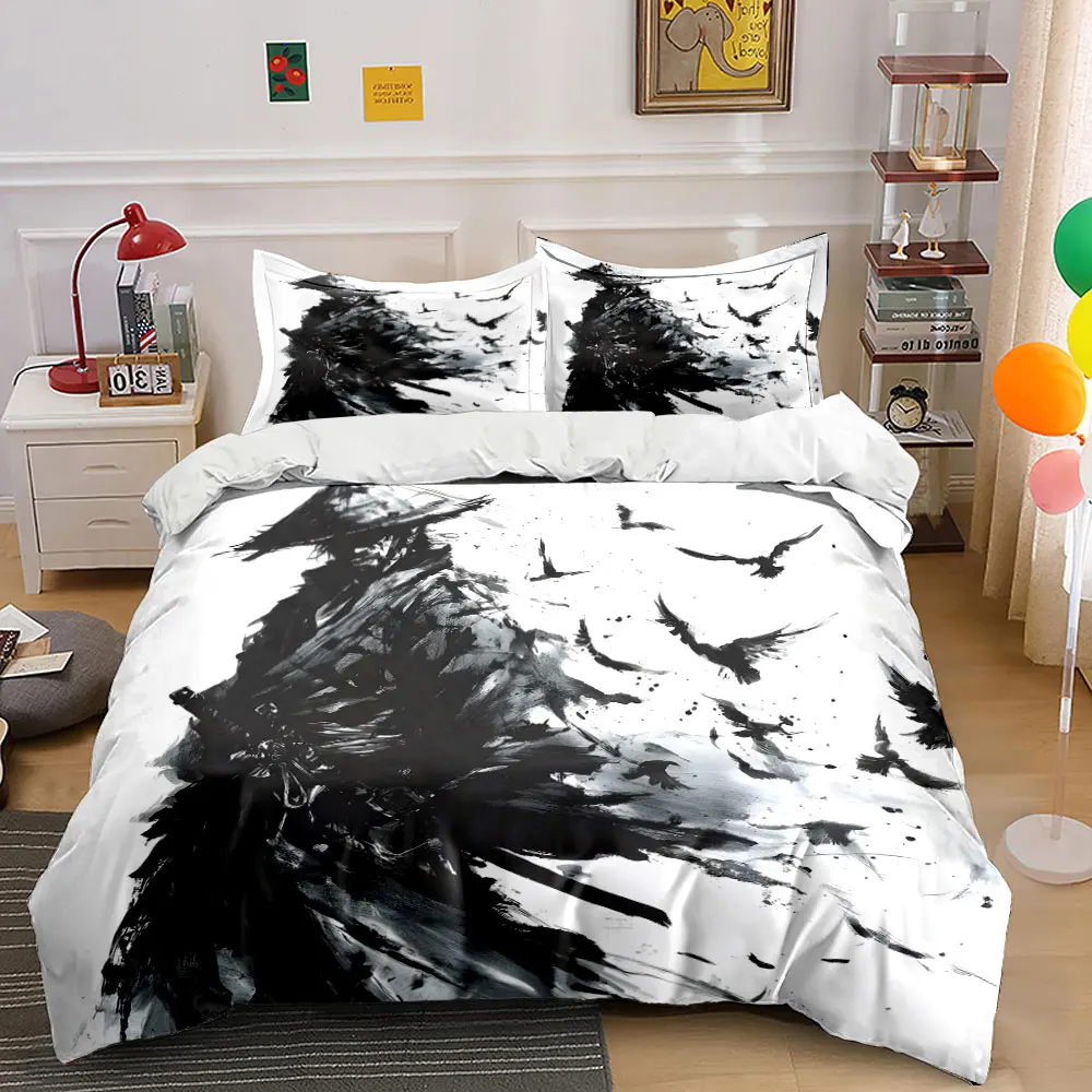 Ink-painted samurai with scattering birds Bedding Set for Kids Luxury Gift 3pcs Digital Print Comforter Set Soft Comfortable