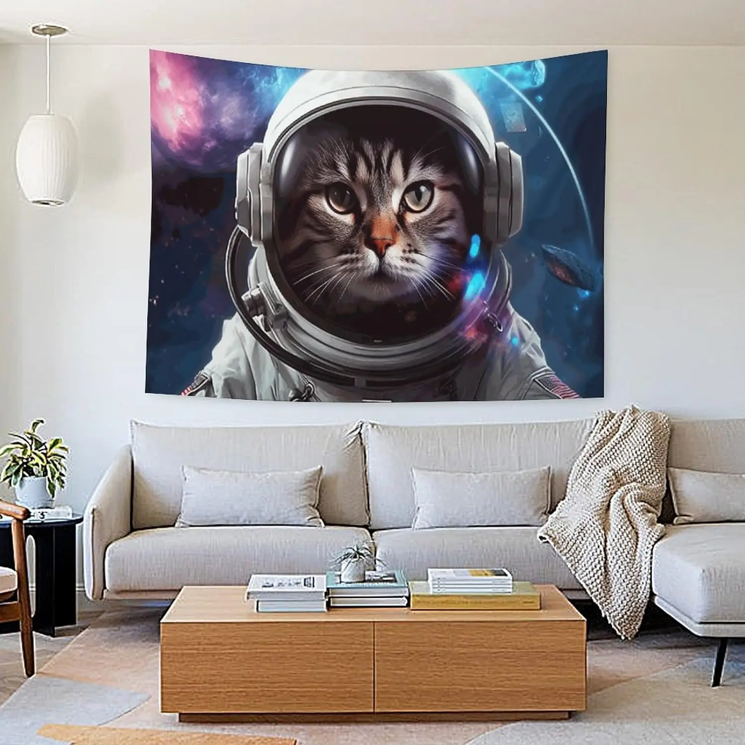 Astronaut Cat in Outer Space Tapestry, Cosmic Galaxy Nebula Print Wall Hanging for Aesthetic Bedroom Dorm Living Room Decor