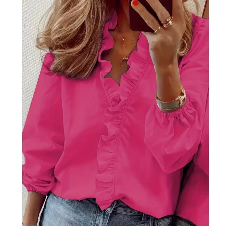 

Spring New Sle Faion Sweet Wooden Ear Collar Pure Color Loose Long Sve irt Top Base irt Commute Sle Straight Cut