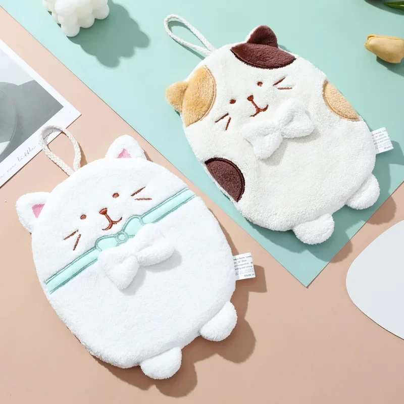 Hand Towels Set Kitchen Toilet Bathroom Children Hand Towel With Hanging Rope Soft Cute Kitten Quick Dry Coral Absorbent Cloth