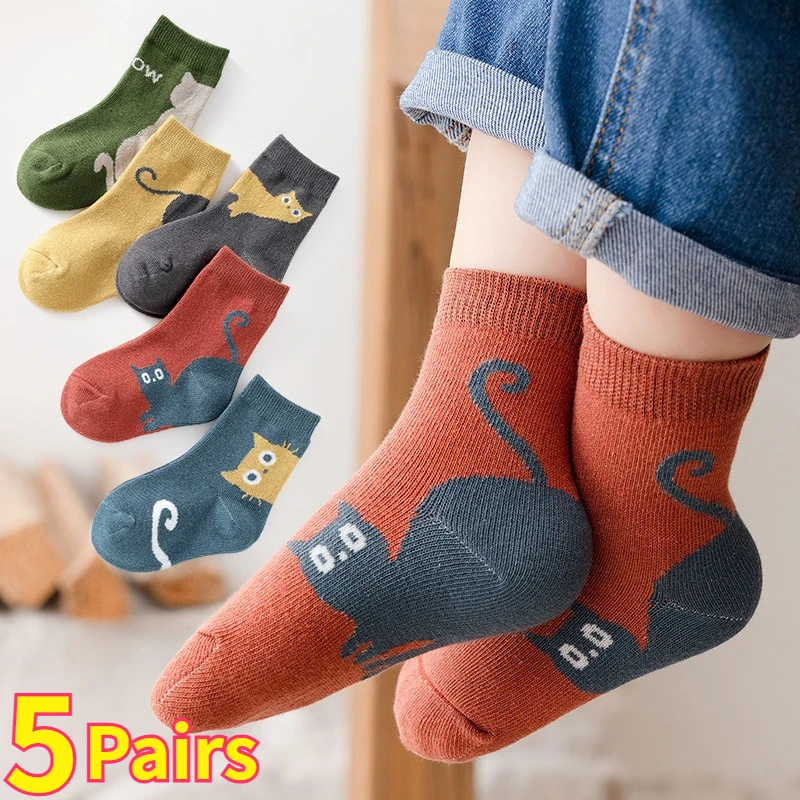 

5 Pairs Kids Socks Autumn Winter Middle Tube Sock Cartoon Cat Pattern Comfortable Breathable Children Socks For Boys Girls