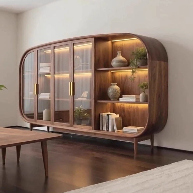 

Black walnut solid wood bookcase household living room wall storage cabinet integrated bookshelf glass door