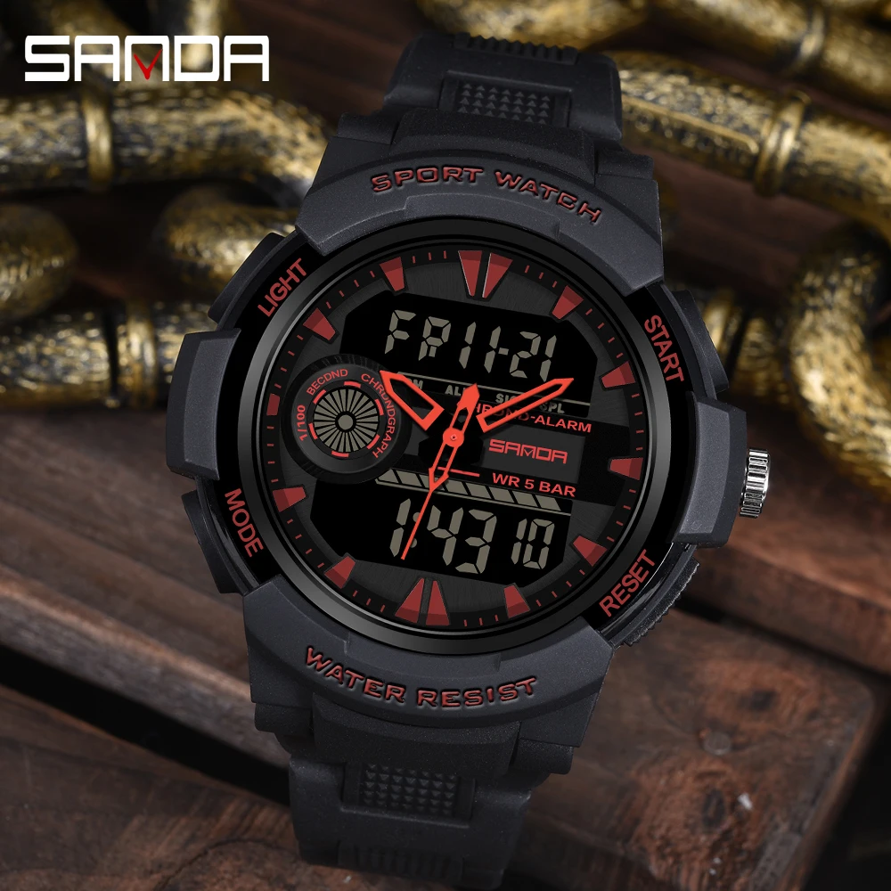 SANDA 6002 Large Men Watches Digital Watch Luminous 5BAR Waterproof Male Sport Watch Quartz Dual Display relogio masculino