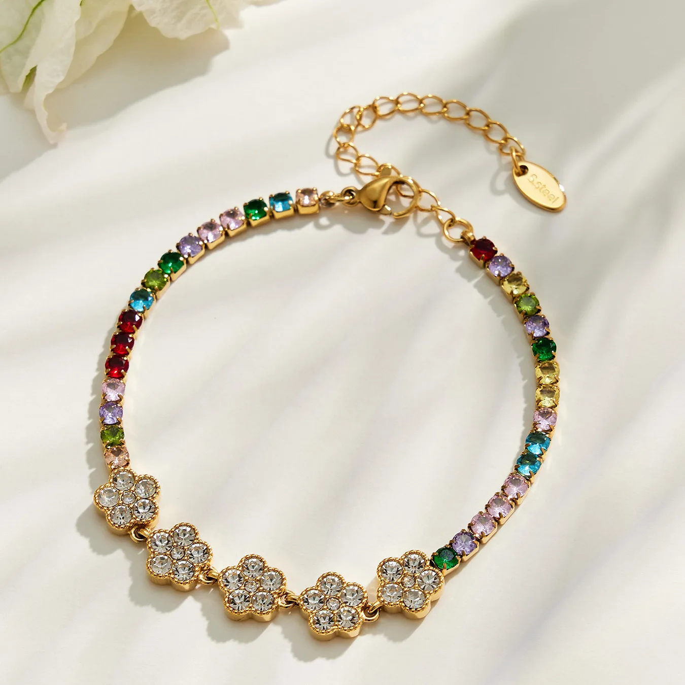 Voller Farbiger CZ-Armreif Tennis-Armbänder Zirkon-Blumen-Armband 18k Vergoldete Edelstahl-Kettenarmbänder für Damen – Detail 13