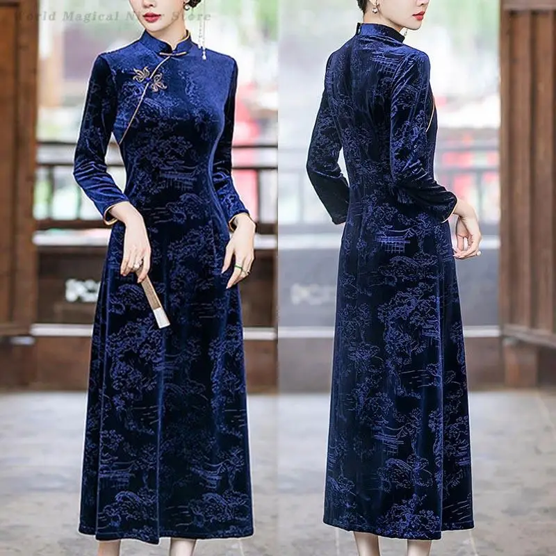 القطيفة ألف خط شيونغسام الجاكار خمر النمط الصيني فستان سيدة مثير سليم تشيباو مساء ثوب حفلة مرحلة الأداء زي #1