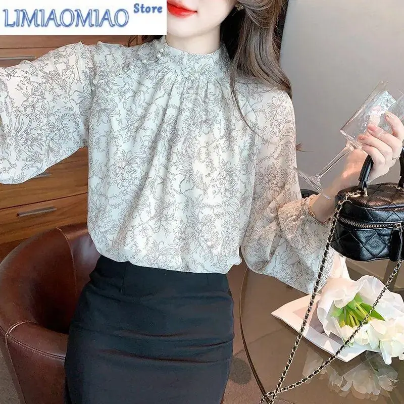 

High-end Temperament Fashion Floral Blouse Women New Classic Long Sleeve O-collar Chiffon Pullover Lady Elegant Shirt