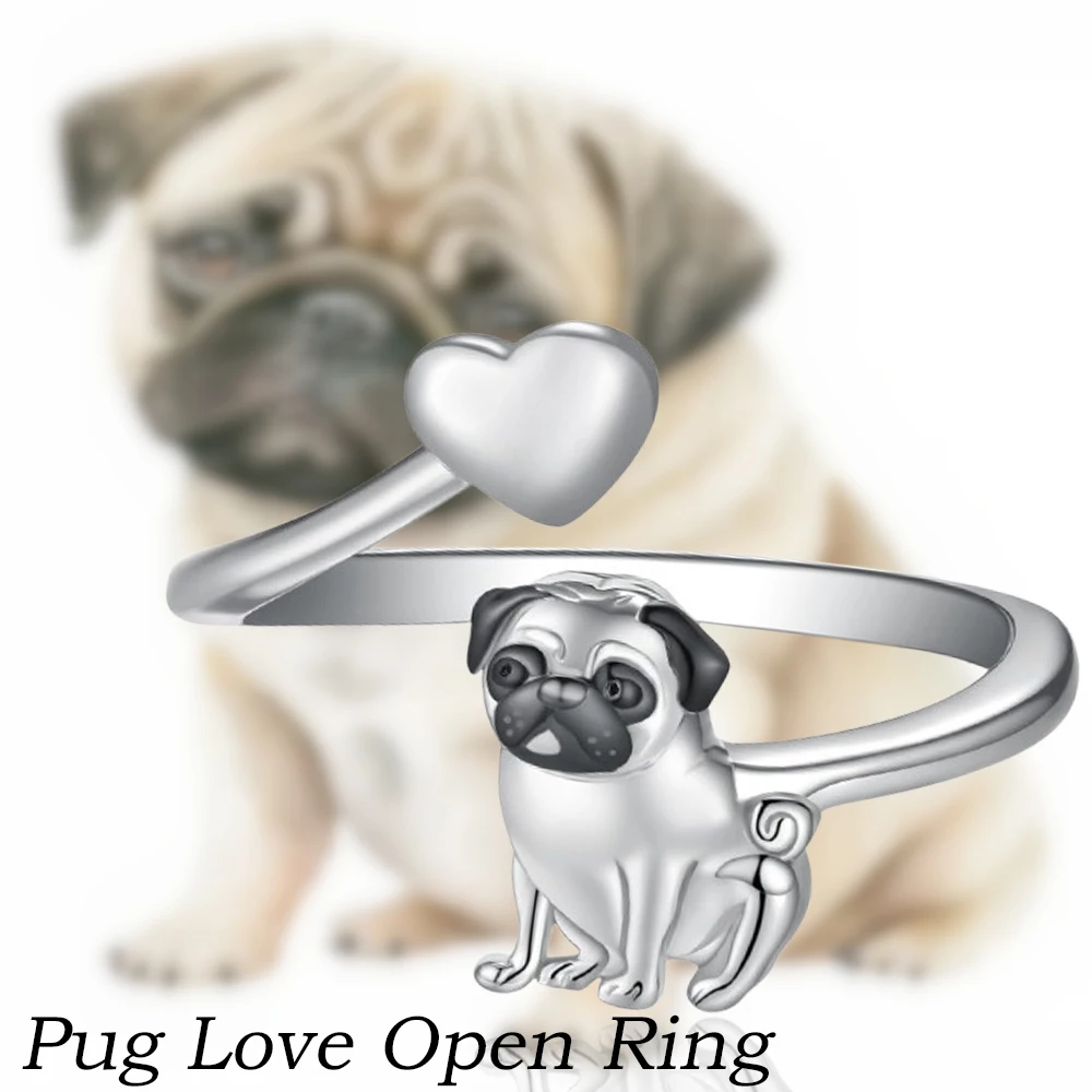 Anel aberto bonito do pug do amor para mulheres, memorial do cão do animal de estimação dos desenhos animados, acessórios de joalheria, presente perfeito do feriado para amantes do cão, moda, 1pc