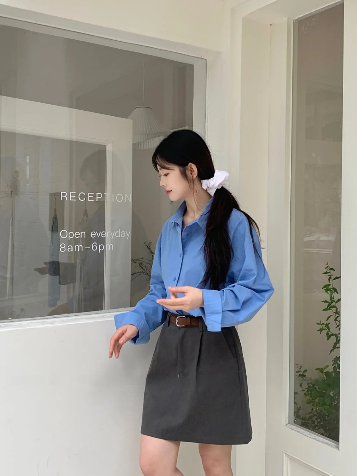 

Женская хлопковая рубашка Sosomall для защиты от солнца, свободного кроя, с длинным рукавом, с воротником, синяя, из чистого хлопка