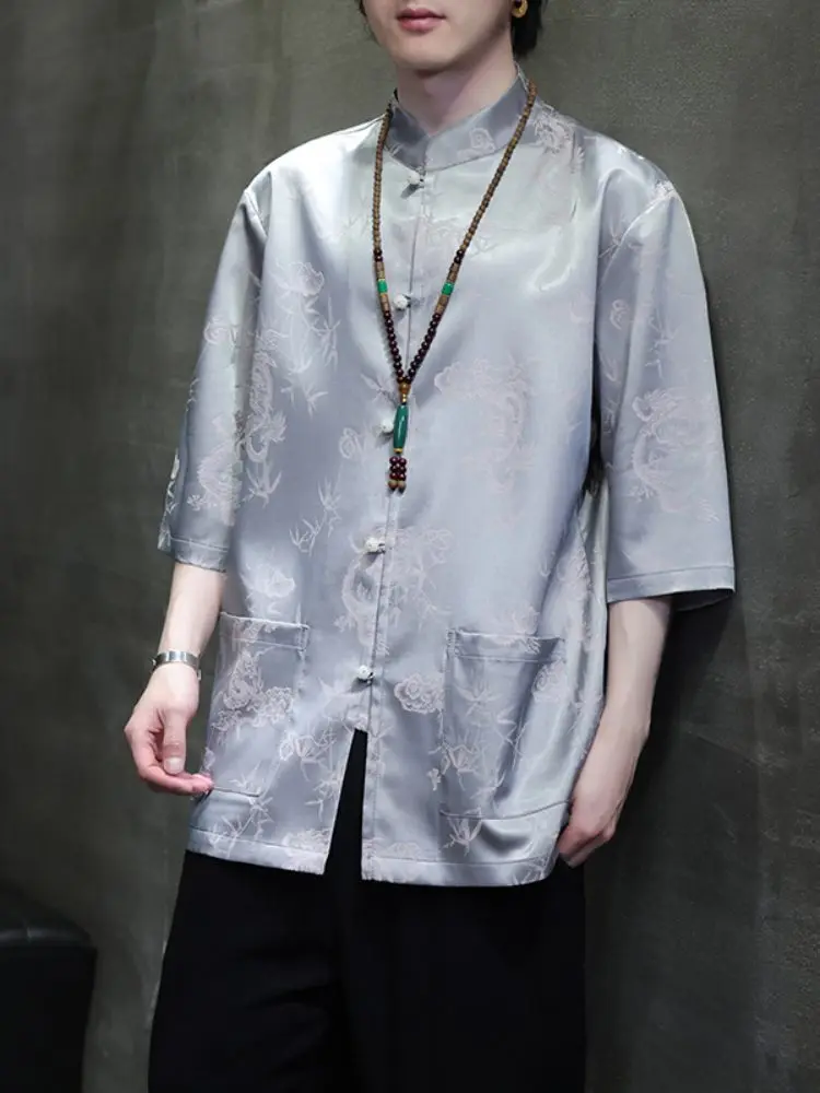

Ice Silk ort Sve irt Men's Summer Thin Loose Casual f Sve irt New Chinese Retro Button Tang Costume Hanfu