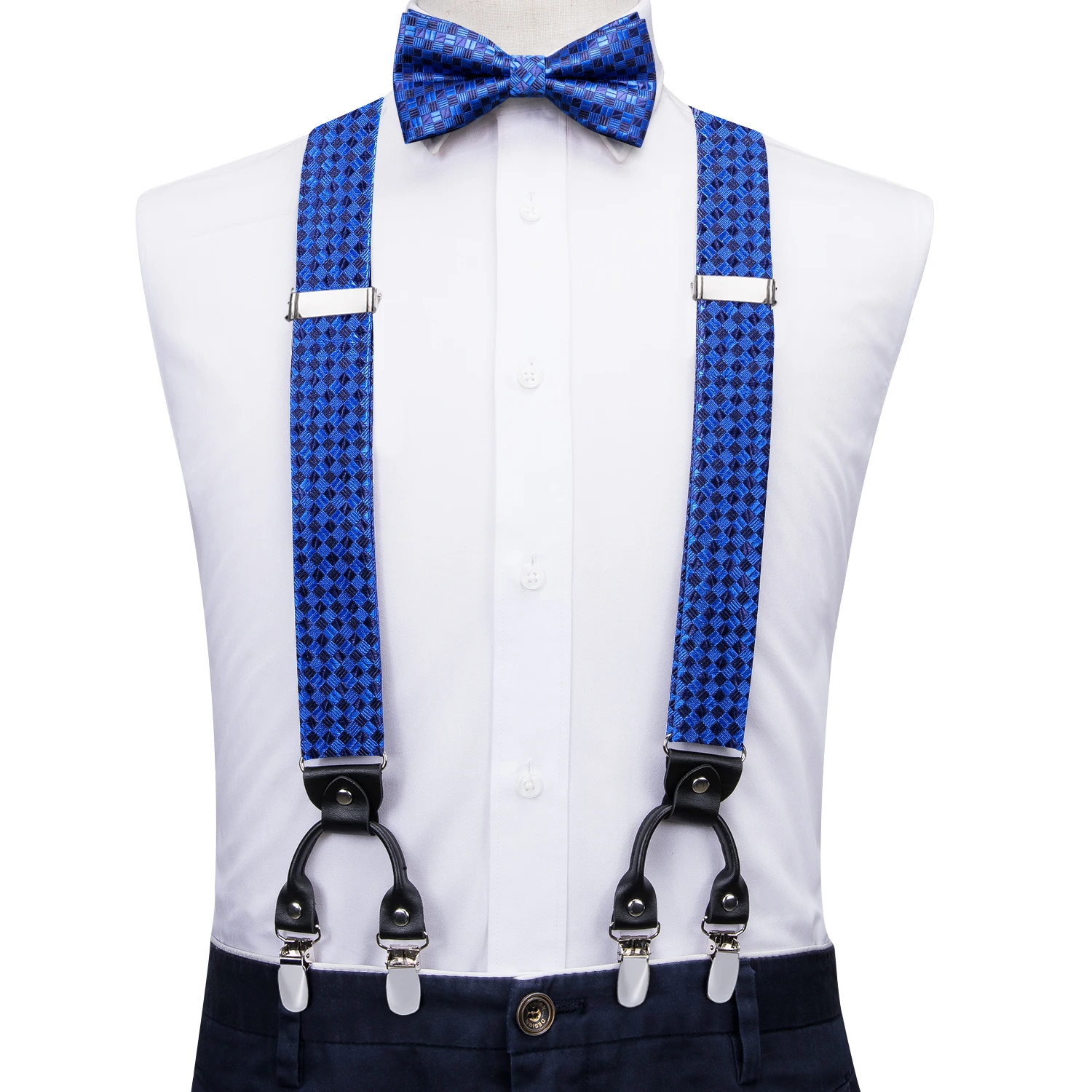 Hi-Tie Jacquard Blue Silk Mens Braces Bowtie Hanky Cufflinks Set Adjustable Clip On Suspender Bow tie for Male Wedding Business