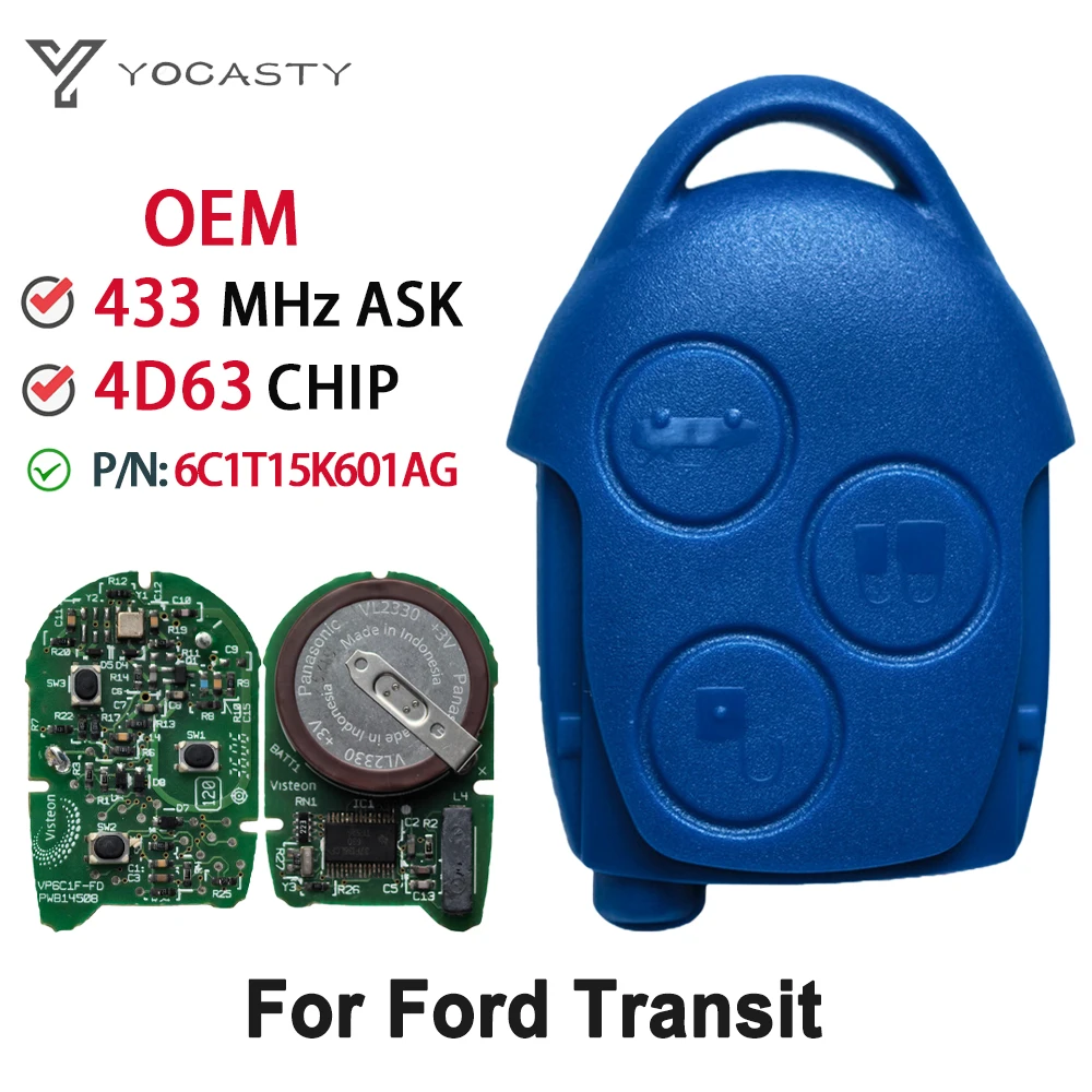 YOCASTY 100% OEM 3 Button 433MHz 4D63 For Ford Transit Remote Key 2006 2007 2008 2009 2010 2011 2012 2013 2014 6C1T15K601AG