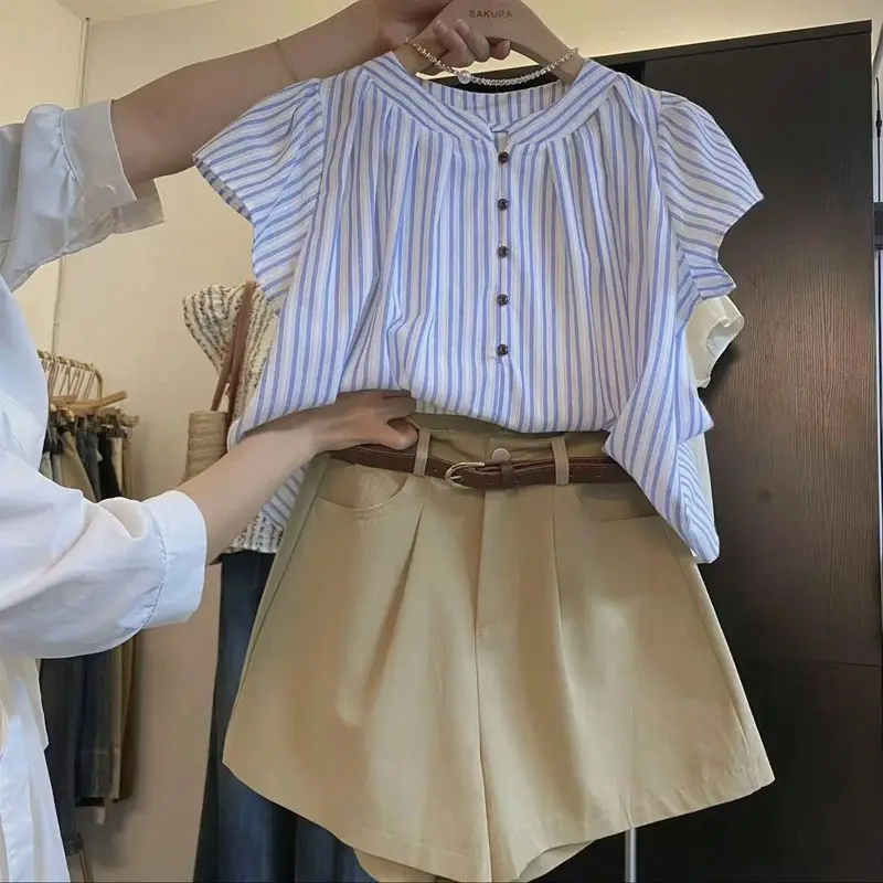 Neploe Elegant Vintage Striped Shirts Women 2024 Summer New Stand Collar Blusas Mujer Y2k All-match Flying Sleeve Blouses