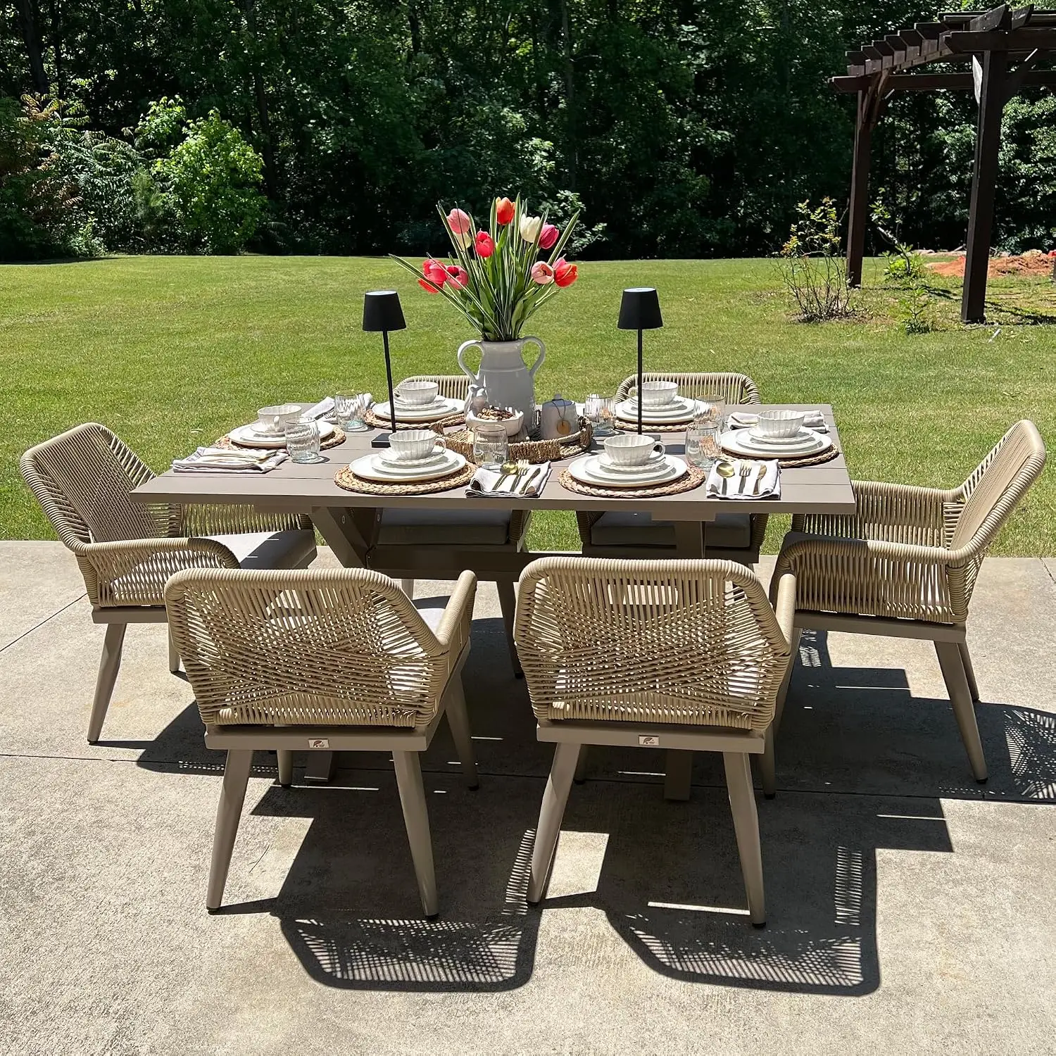 Woven PE Rattan Aluminum Outdoor Dining Set 7 Pieces Patio Garden Furniture, Customized