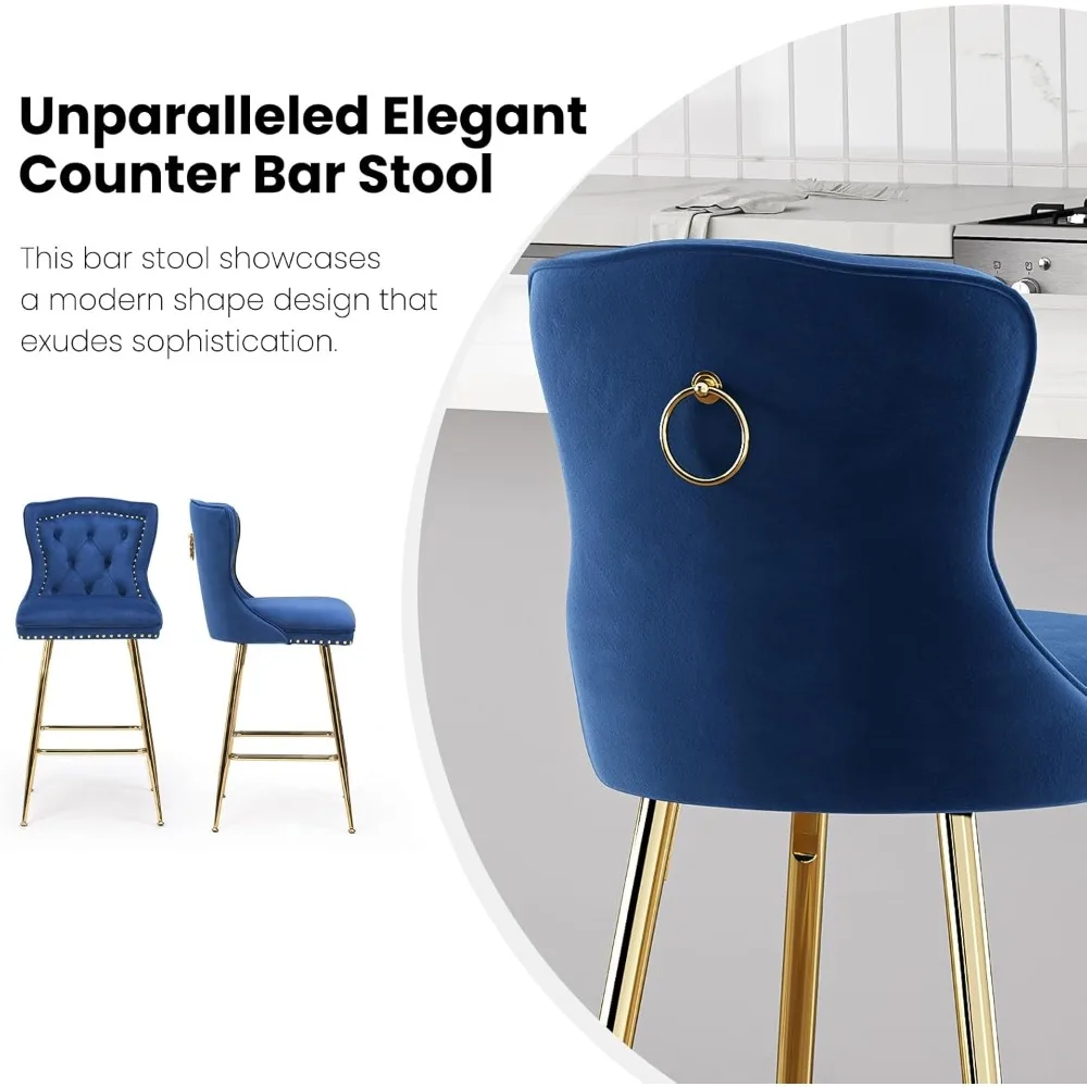 バースツール4脚セット、ベルベットカウンター高さバースツール、メタル脚、ボタンタフテッドとネイルヘッドトリム、ウィングバックバーチェア