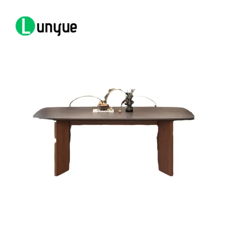 Black Slate Walnut Solid Wood Granite Dining Table Light Luxury Style for Living Room Home Use Durable Modern Furniture
