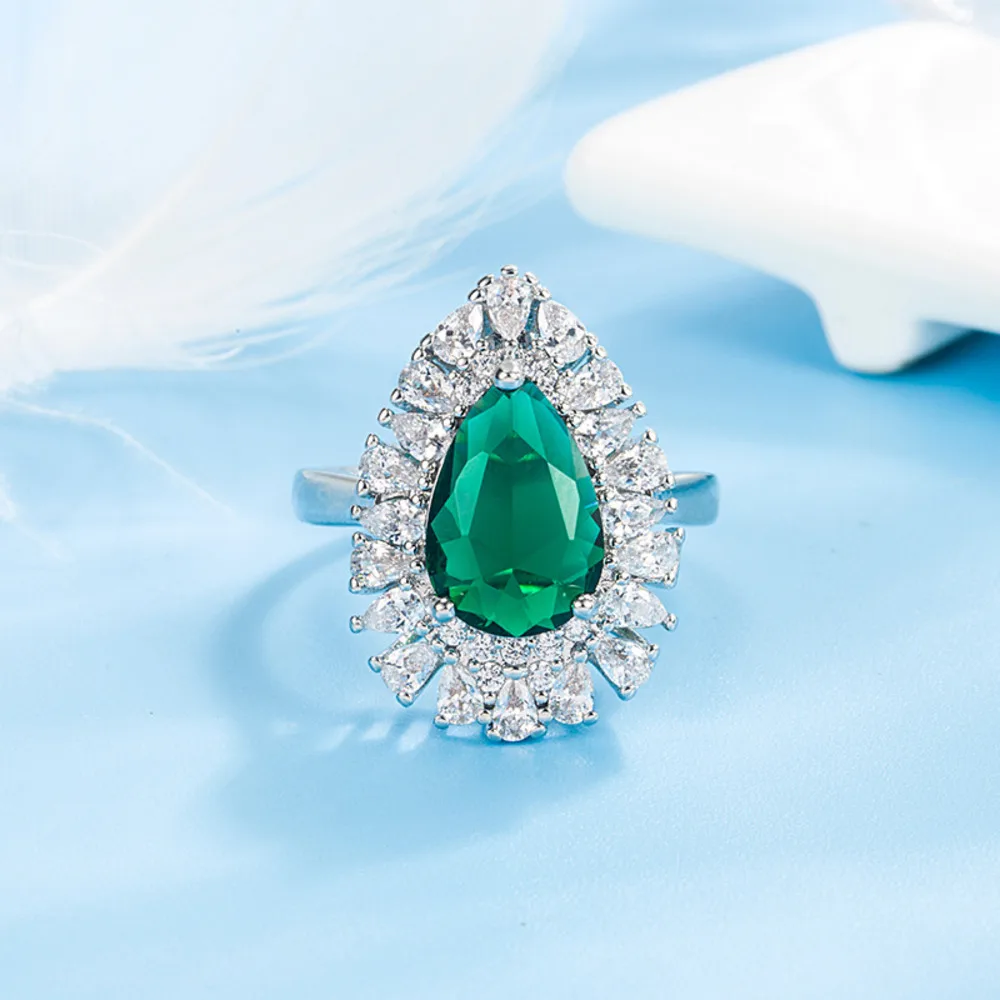 WOSIKATE Vintage Water Drop Emerald Micro-set Zirconia 925 Sterling Silver Ring For Women 925 Jewelry Wedding Ring Opening Size