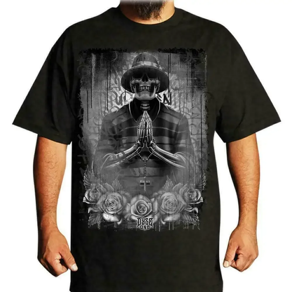 Camiseta masculina Gangster Prayer Dyse One Chicano Tattoo Art Lowrider Rosary